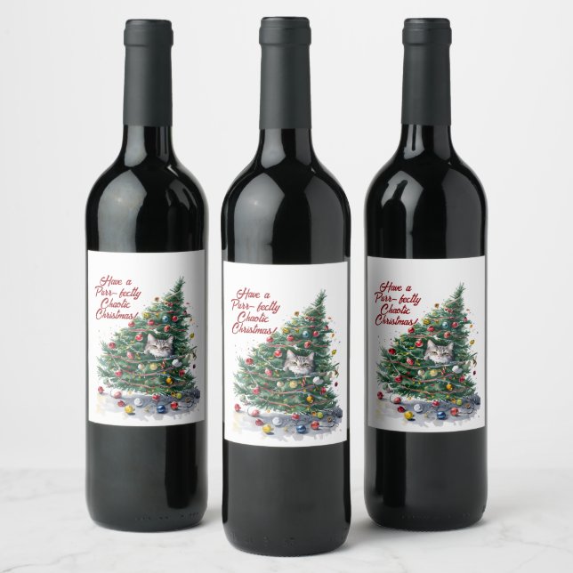 Cat Chaos Weihnachtsbaum Design Wasserfarbe Weinetikett (Flaschen)