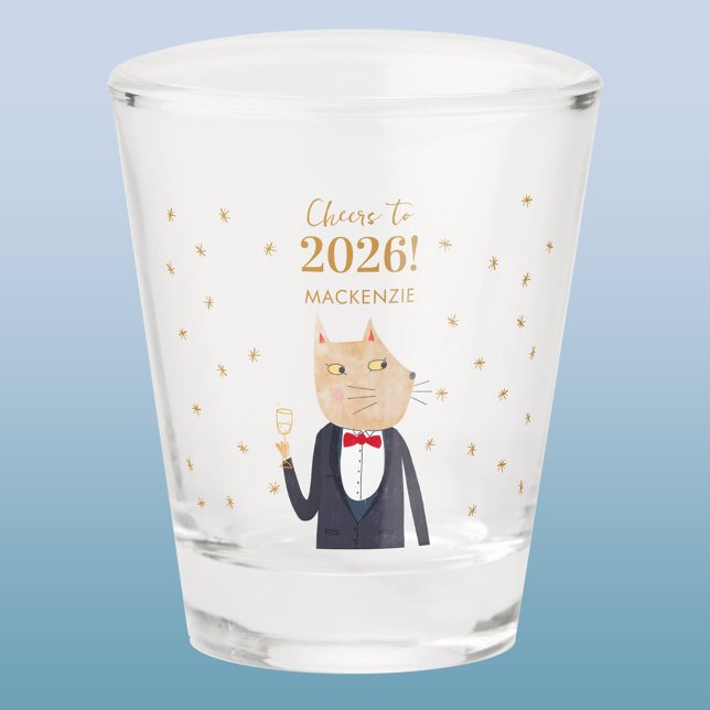 Cat Cheers to 2026 New Year Personalized Name Schnapsglas (Fun Cat in Tuxedo Suit personalized custom name and text Cheers to 2026 New Year shot glass)