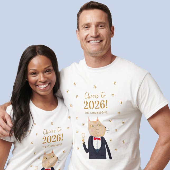 Cat Cheers to 2026 New Year Personalized T-Shirt (Fun cat Cheers to 2026 New Year celebration personalized custom name t-shirt)