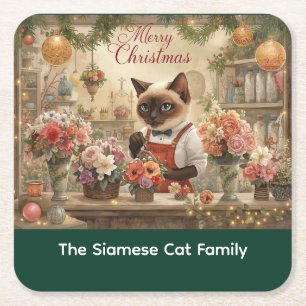 Cat Christmas Blume durch Blumenpapier Rechteckiger Pappuntersetzer