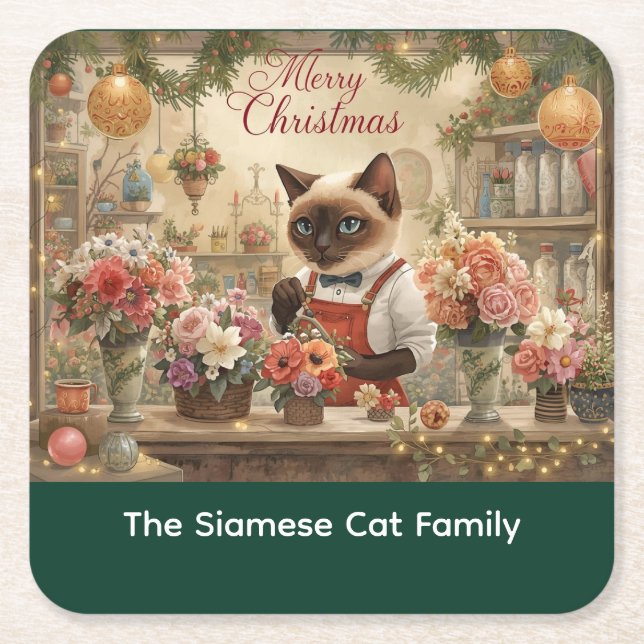 Cat Christmas Blume durch Blumenpapier Rechteckiger Pappuntersetzer (Vorderseite)