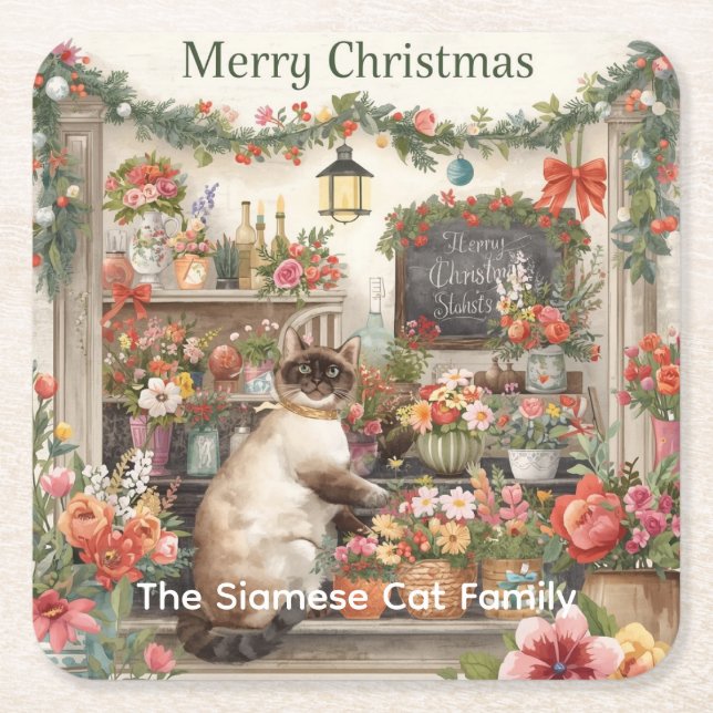 Cat Christmas Blume durch Blumenpapier Rechteckiger Pappuntersetzer (Vorderseite)