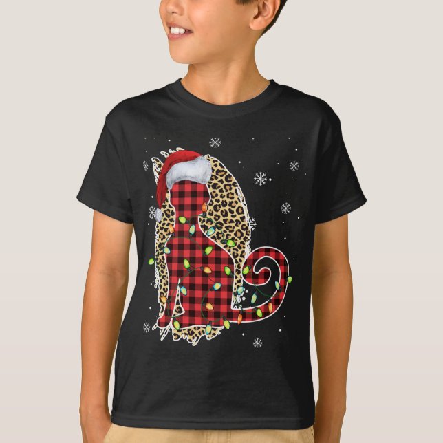 Cat Christmas Leopard Buffalo Kariert Red Weihnach T-Shirt (Vorderseite)