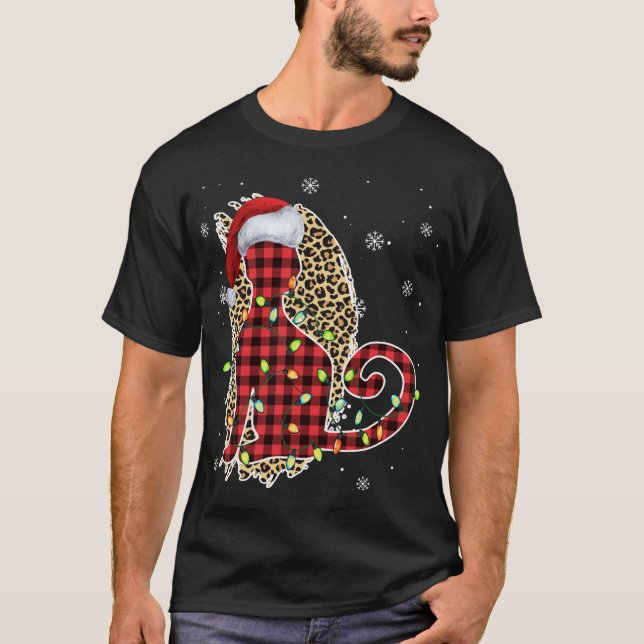 Cat Christmas Leopard Buffalo Kariert Red Weihnach T-Shirt (Vorderseite)