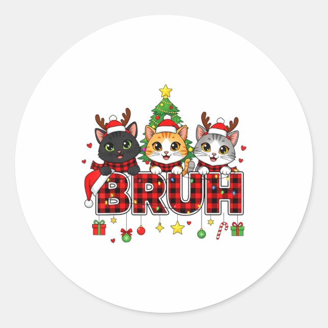 Cat Christmas Light Reindeer Santa Bruh Funny  Runder Aufkleber (Vorderseite)