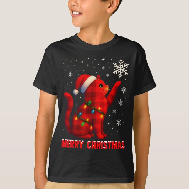 Cat Christmas Light Reindeer Santa Christmas Cat L T-Shirt (Vorderseite)
