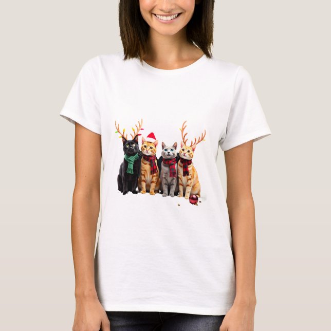 Cat Christmas Light Reindeer Santa Christmas Cat L T-Shirt (Vorderseite)