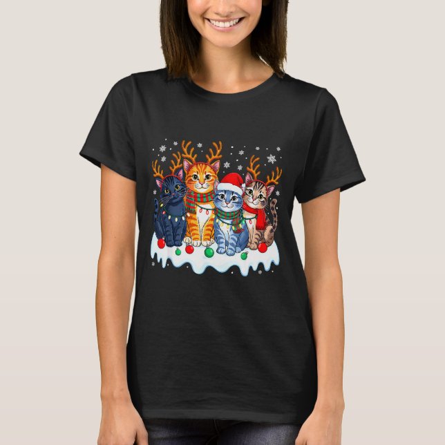 Cat Christmas Light Reindeer Santa Christmas Funny T-Shirt (Vorderseite)