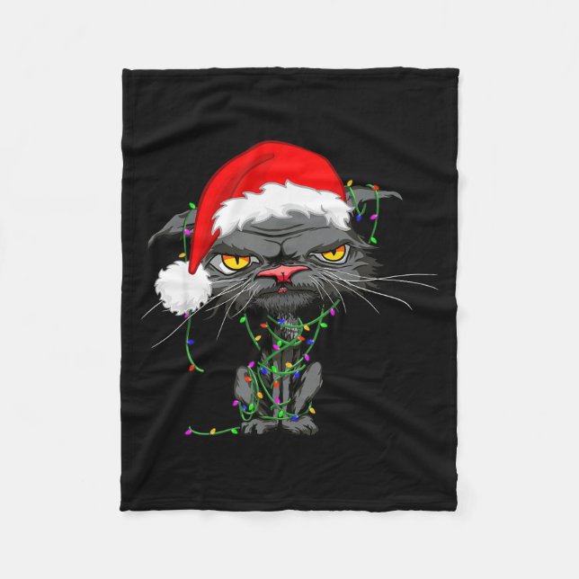 Cat Christmas Lights Bored Cat Santa Hat Funny Cat Fleecedecke (Vorderseite)