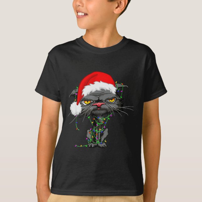 Cat Christmas Lights Bored Cat Santa Hat Funny Cat T-Shirt (Vorderseite)