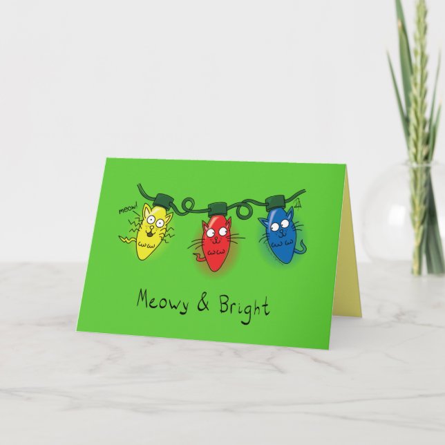 Cat Christmas Lights Funny Meowy und hell Karte (Vorderseite)