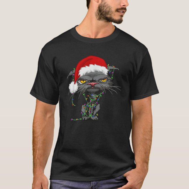 Cat Christmas Lights gelangweilte Cat Weihnachtsma T-Shirt (Vorderseite)