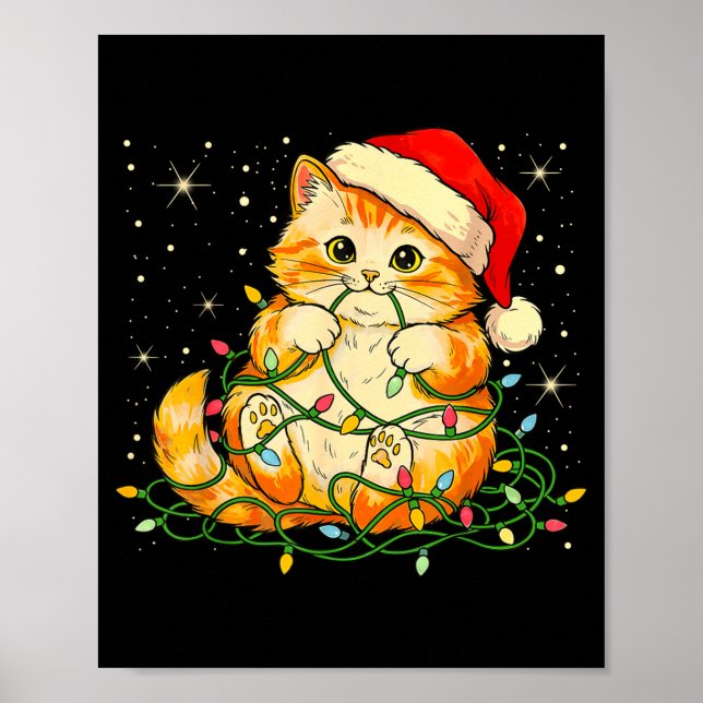Cat Christmas Lights Santa Hat Xmas Cats Lover Pet Poster (Vorne)