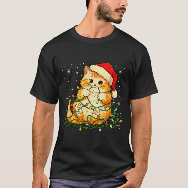 Cat Christmas Lights Santa Hat Xmas Cats Lover Pet T-Shirt (Vorderseite)