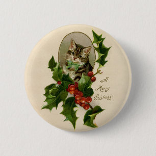 Cat Christmas Merry Holly Kitten Antique Art Button