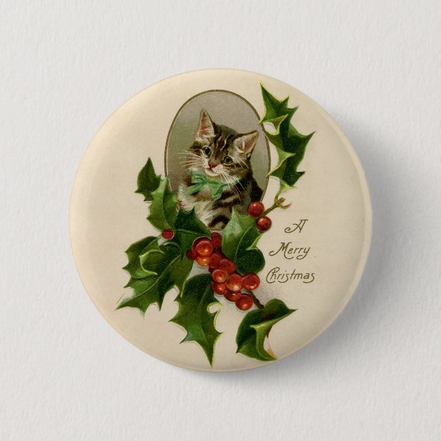 Cat Christmas Merry Holly Kitten Antique Art Button (Vorderseite)