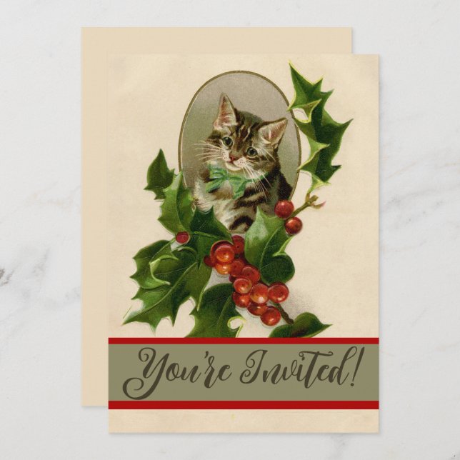 Cat Christmas Merry Holly Kitten Antique Art Einladung (Vorne/Hinten)