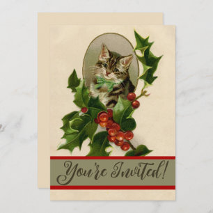 Cat Christmas Merry Holly Kitten Antique Art Einladung