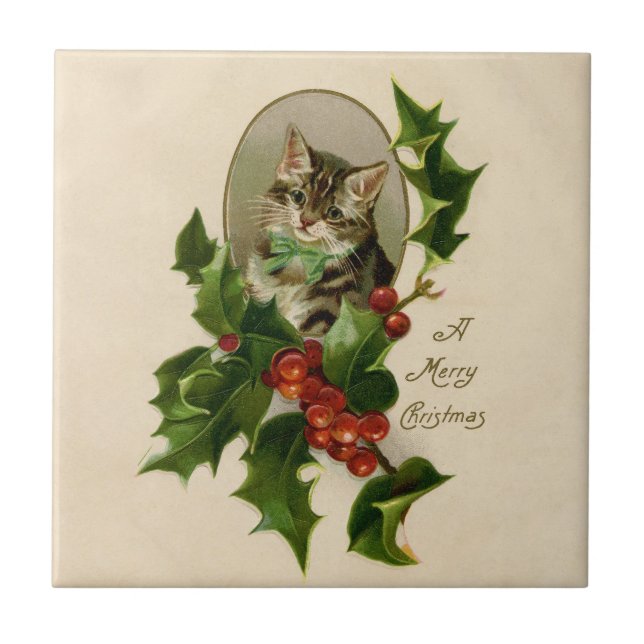 Cat Christmas Merry Holly Kitten Antique Art Fliese (Vorderseite)