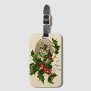 Cat Christmas Merry Holly Kitten Antique Art Gepäckanhänger