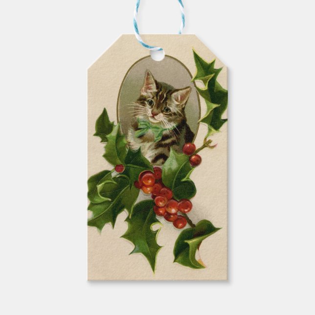 Cat Christmas Merry Holly Kitten Antique Art Geschenkanhänger (Vorderseite)