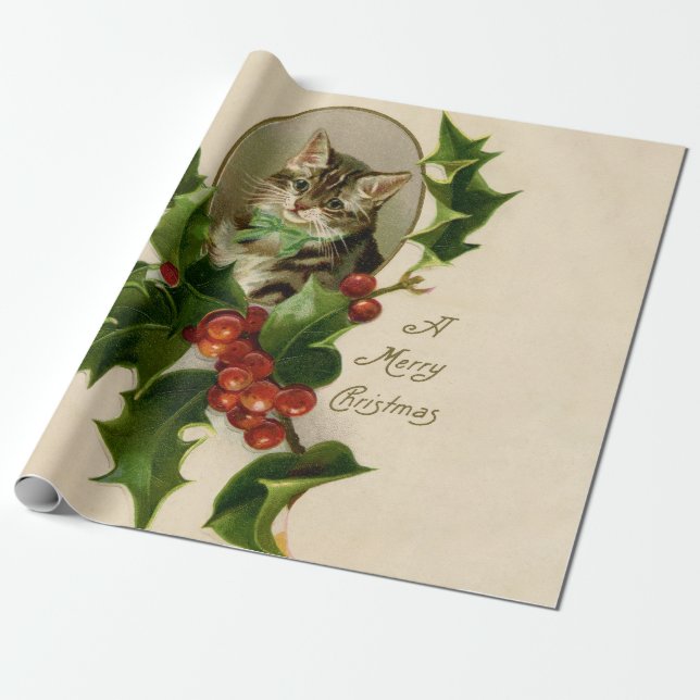 Cat Christmas Merry Holly Kitten Antique Art Geschenkpapier (Ungerollt)