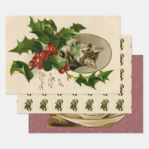 Cat Christmas Merry Holly Kitten Antique Art Geschenkpapier Set
