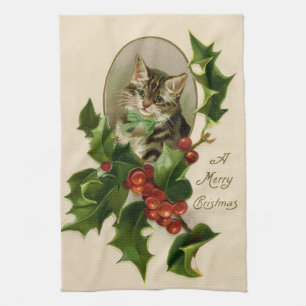 Cat Christmas Merry Holly Kitten Antique Art Geschirrtuch