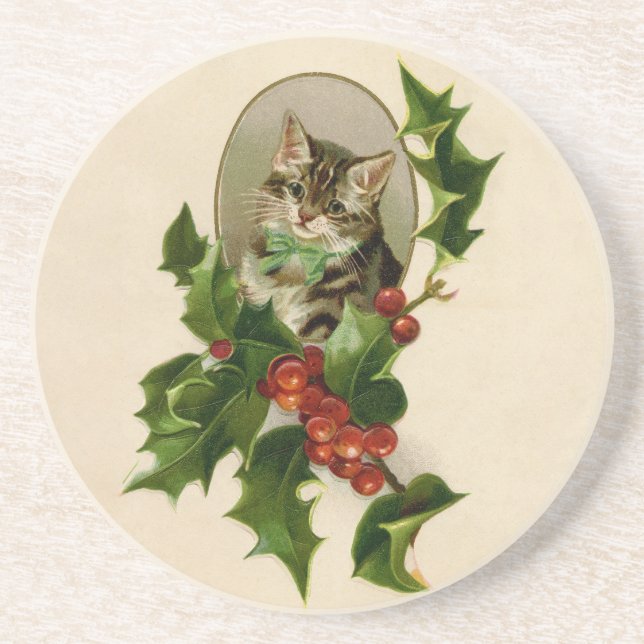 Cat Christmas Merry Holly Kitten Antique Art Getränkeuntersetzer (Vorne)