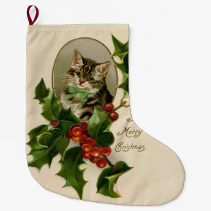 Cat Christmas Merry Holly Kitten Antique Art Großer Weihnachtsstrumpf