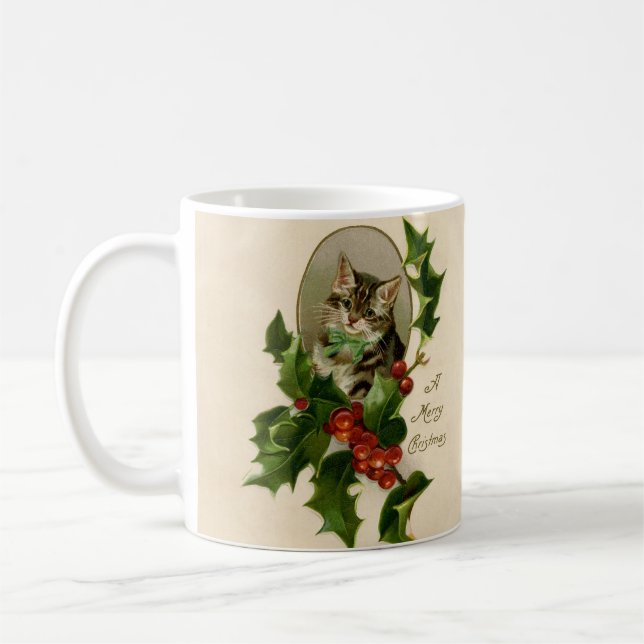 Cat Christmas Merry Holly Kitten Antique Art Kaffeetasse (Links)