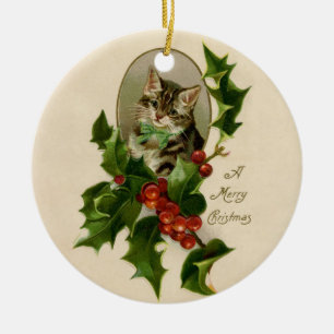 Cat Christmas Merry Holly Kitten Antique Art Keramik Ornament