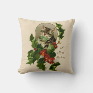 Cat Christmas Merry Holly Kitten Antique Art Kissen