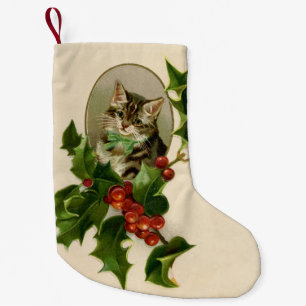 Cat Christmas Merry Holly Kitten Antique Art Kleiner Weihnachtsstrumpf