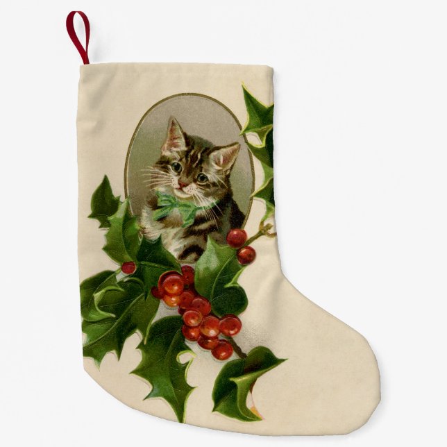 Cat Christmas Merry Holly Kitten Antique Art Kleiner Weihnachtsstrumpf (Vorderseite)