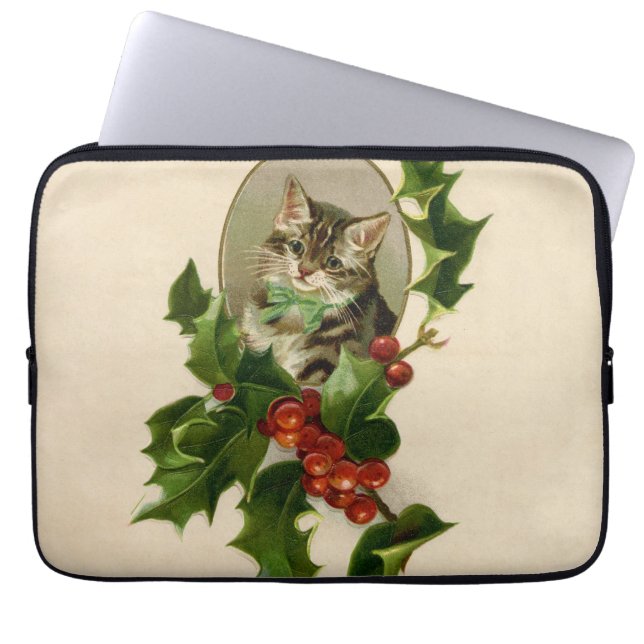Cat Christmas Merry Holly Kitten Antique Art Laptopschutzhülle (Vorderseite)
