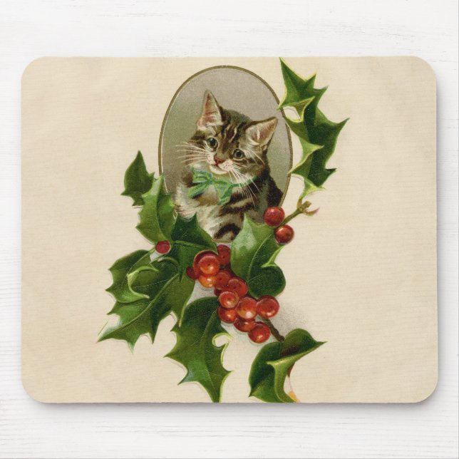 Cat Christmas Merry Holly Kitten Antique Art Mousepad (Vorne)