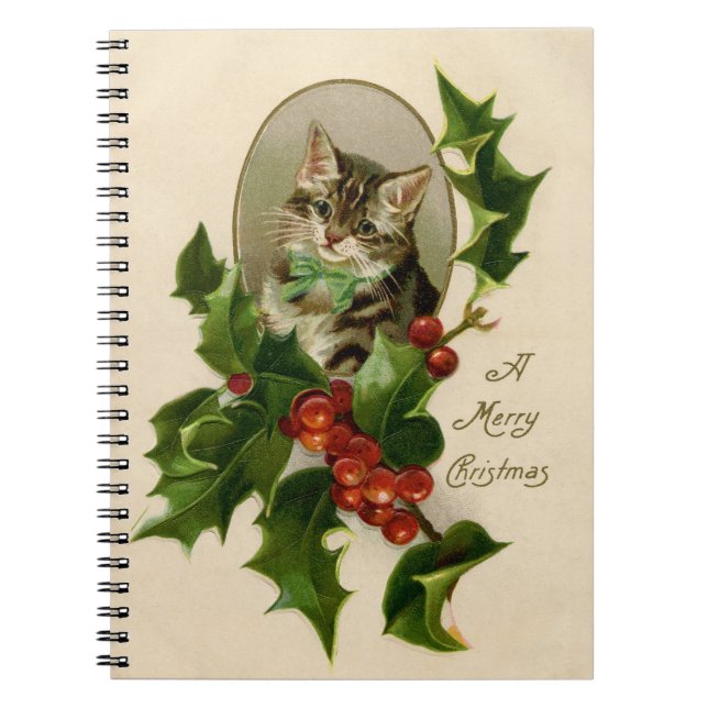 Cat Christmas Merry Holly Kitten Antique Art Notizblock (Vorderseite)