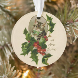 Cat Christmas Merry Holly Kitten Antique Art Ornament