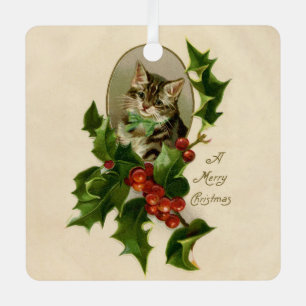 Cat Christmas Merry Holly Kitten Antique Art Ornament Aus Metall