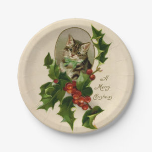 Cat Christmas Merry Holly Kitten Antique Art Pappteller