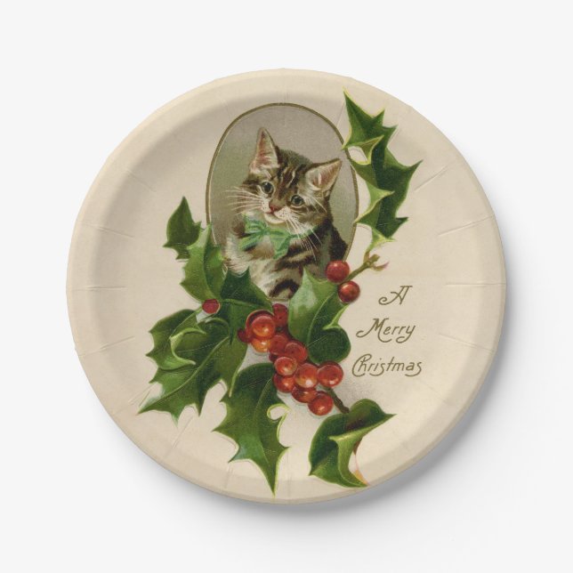 Cat Christmas Merry Holly Kitten Antique Art Pappteller (Vorderseite)