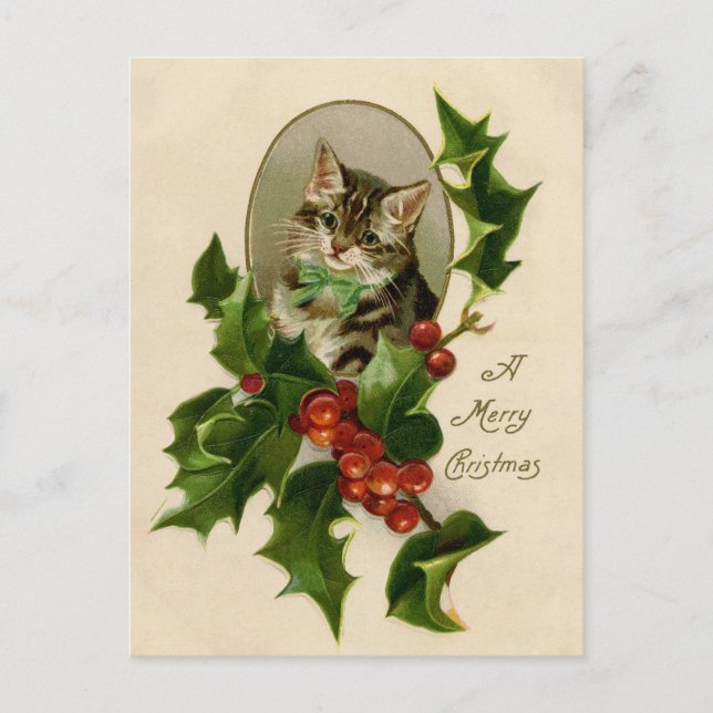 Cat Christmas Merry Holly Kitten Antique Art Postkarte (Vorderseite)