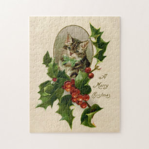 Cat Christmas Merry Holly Kitten Antique Art Puzzle