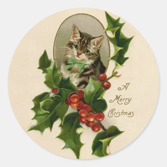 Cat Christmas Merry Holly Kitten Antique Art Runder Aufkleber (Vorderseite)