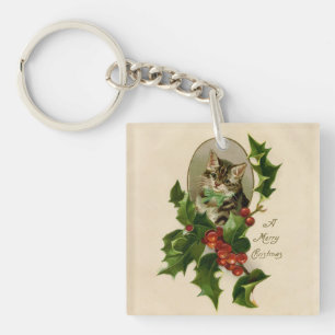 Cat Christmas Merry Holly Kitten Antique Art Schlüsselanhänger