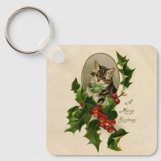 Cat Christmas Merry Holly Kitten Antique Art Schlüsselanhänger (Vorderseite)