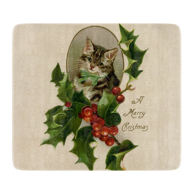 Cat Christmas Merry Holly Kitten Antique Art Schneidebrett (Vorderseite)