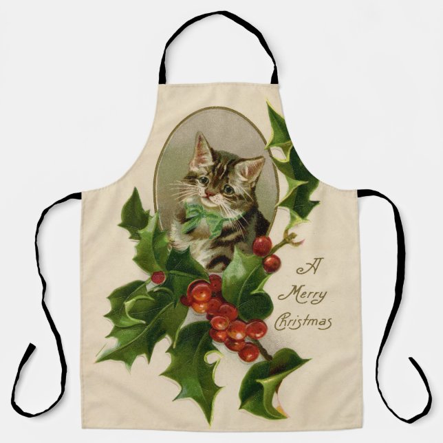 Cat Christmas Merry Holly Kitten Antique Art Schürze (Vorderseite)