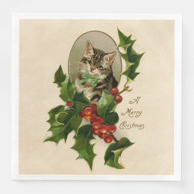 Cat Christmas Merry Holly Kitten Antique Art Serviette (Vorderseite)